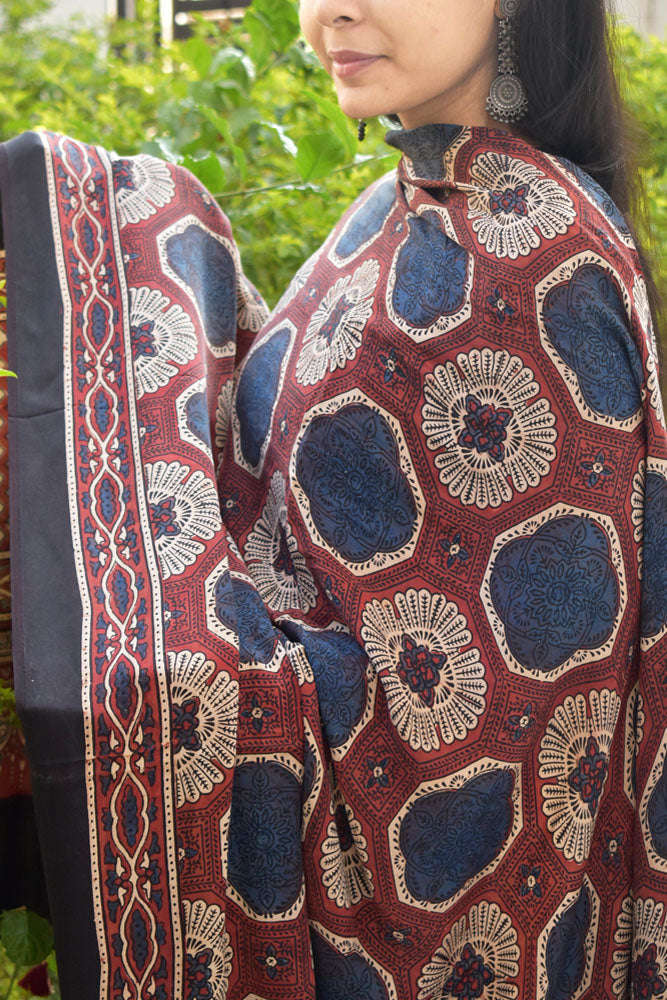 Elegant Modal Silk Ajrakh Block Print Dupatta with tassels