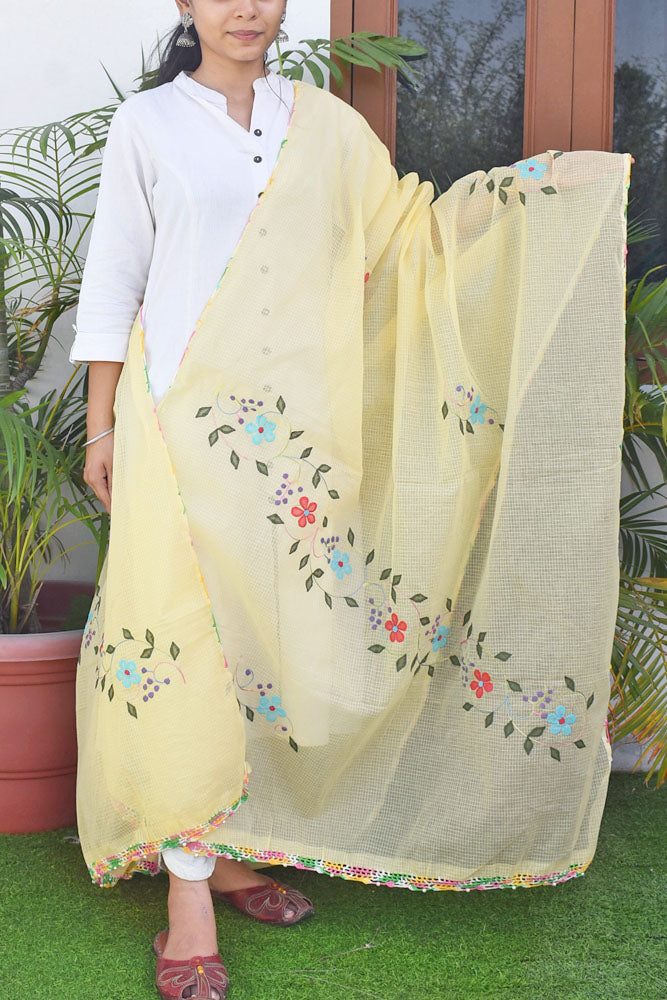 Handcrafted Phool Patti Applique & Hand Crochet work Kota cotton dupatta