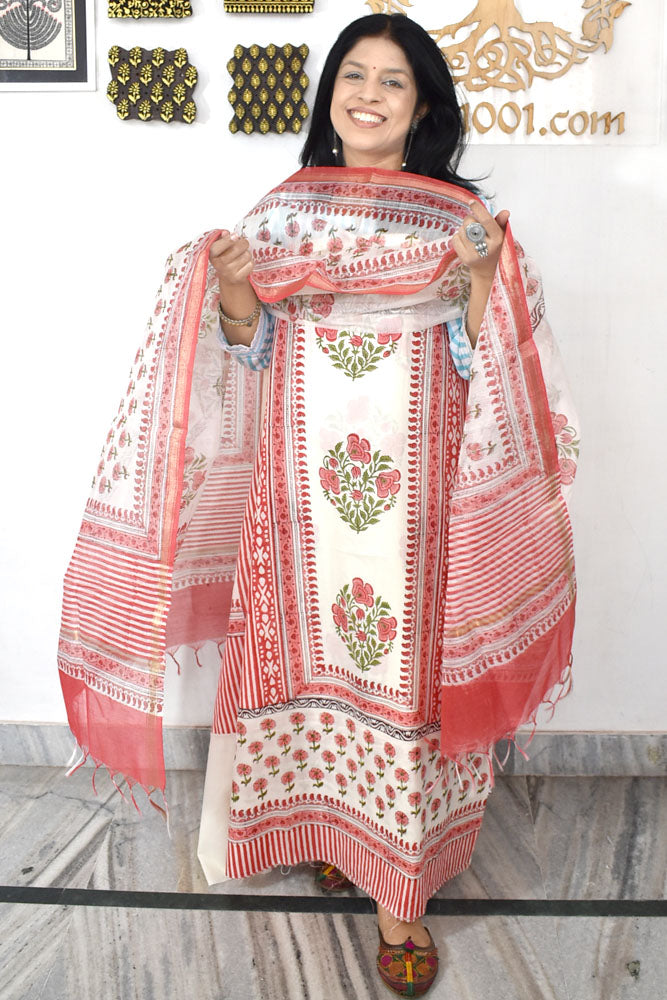 Designer Hand Block Print Cotton suit with Chanderi dupatta