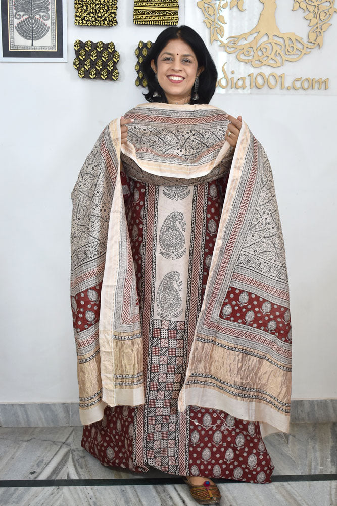 Bagh Hand Block Printed unstitched 3 pcs Handwoven Maheshwari suit fabric with Zari borders & Lagdi ( zari palla )
