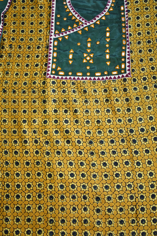 Designer Ajrakh Mashru Kurta Fabric with Kutch Mirror Work patch