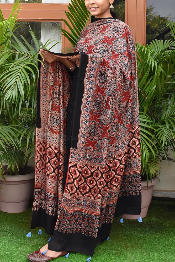 Elegant Modal Silk Ajrakh Block Print Dupatta with tassels