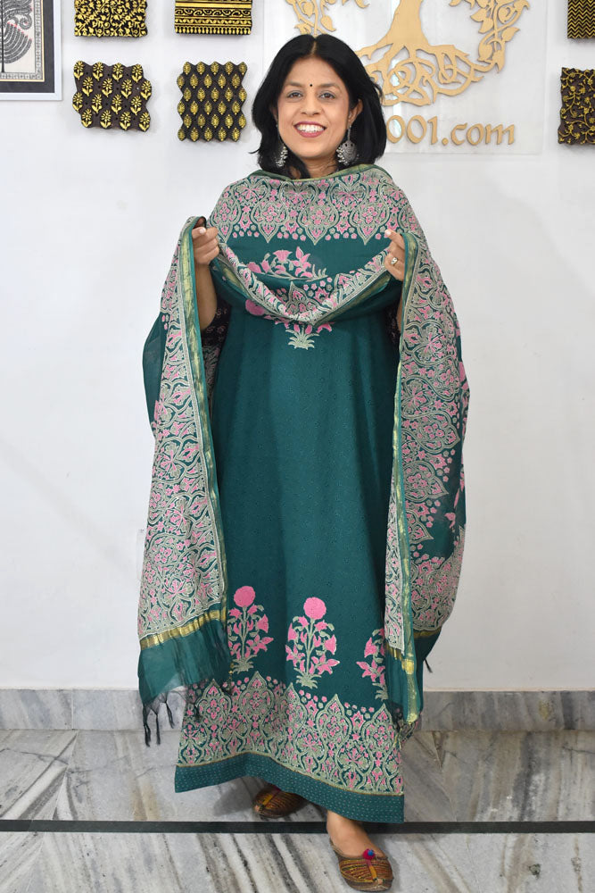 Elegant Hand Block print cotton suit with Schiffli work & Chanderi dupatta