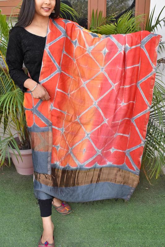 Clamp Dyed Chanderi Dupatta with Zari border and palla