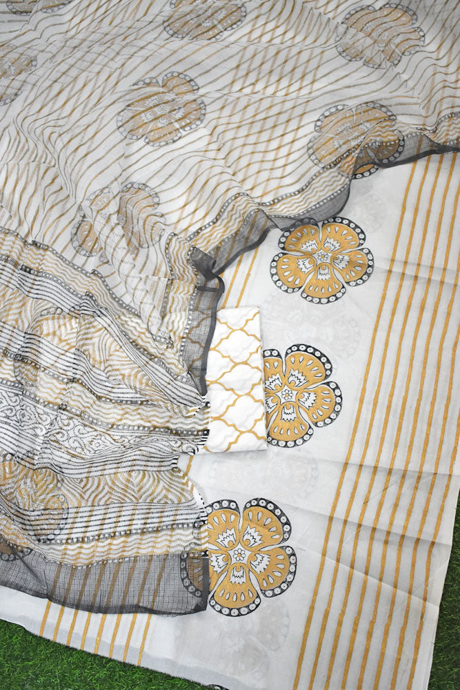 Designer Hand Block Print Cotton suit with Kota dupatta