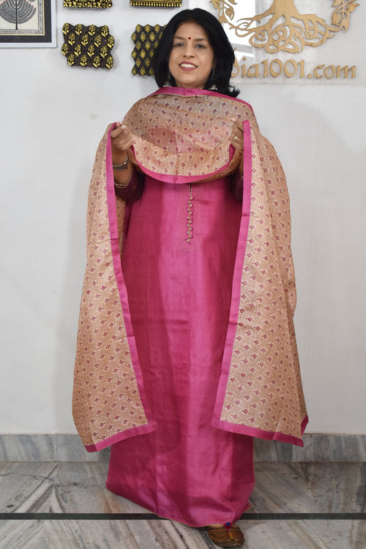 Semi Stitched Block Printed Tussar Silk Dupatta  & Tussar Kurta Fabric