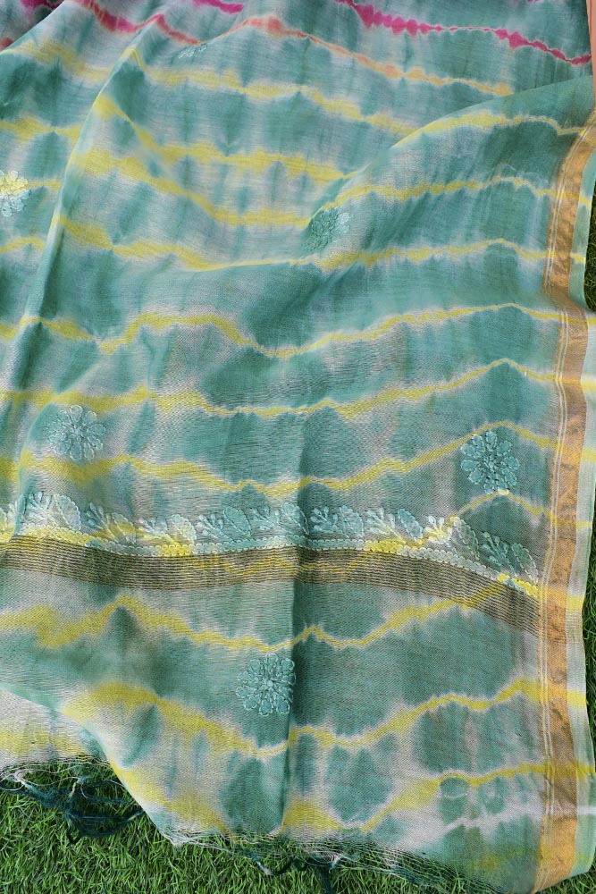 Beautiful Tie & dye Chanderi Dupatta with Hand Lucknowi Chikankari Embroidery