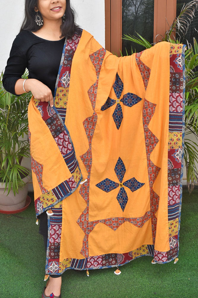 Barmer Ajrakh Patch Work Cotton Dupatta with Tassels