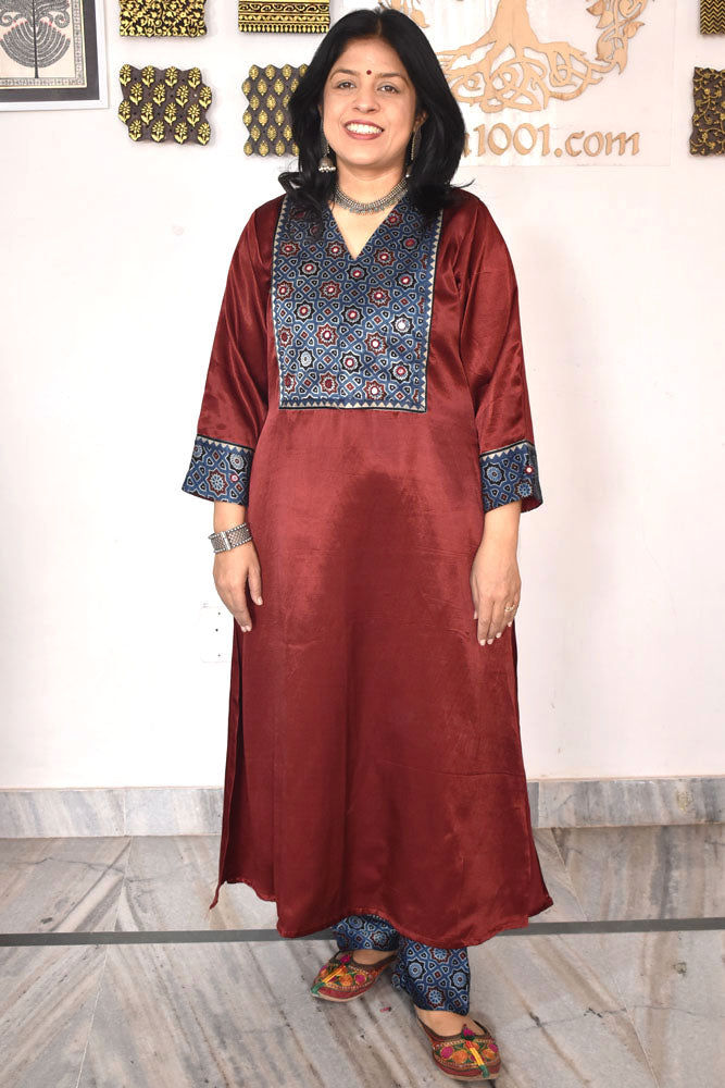 Beautiful Mashru Silk Kurta with Ajrakh patch Kutch & mirror work size with Mashru pant - 38 - 48