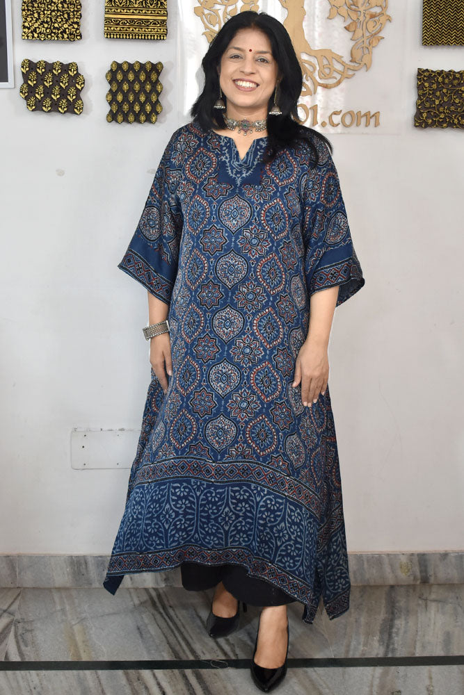 Beautiful Hand Block Printed Ajrakh Modal Silk Kurta, Size 40 to 46