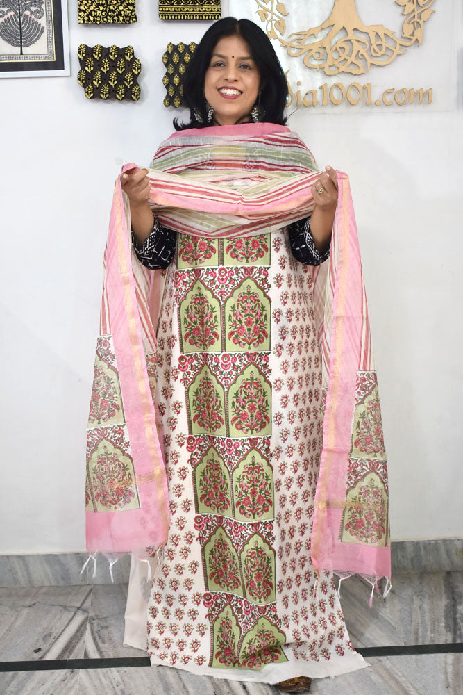 Designer Hand Block Placement Print Cotton suit with Kota dupatta and panel design