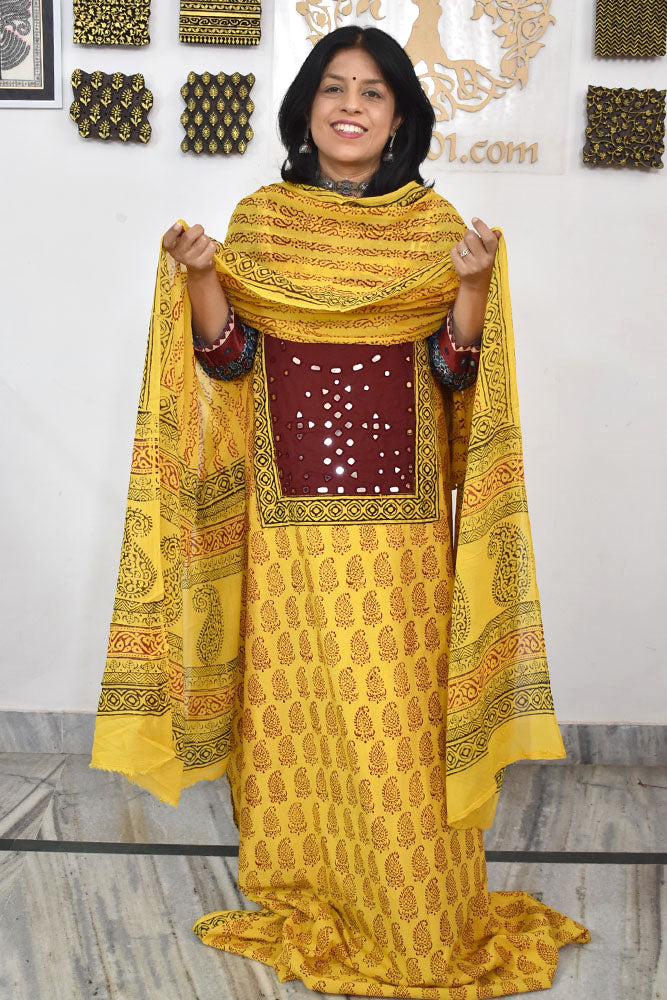 Bagh Hand Block Printed unstitched 3 pc Cotton suit fabric with Kutch Mirror Work