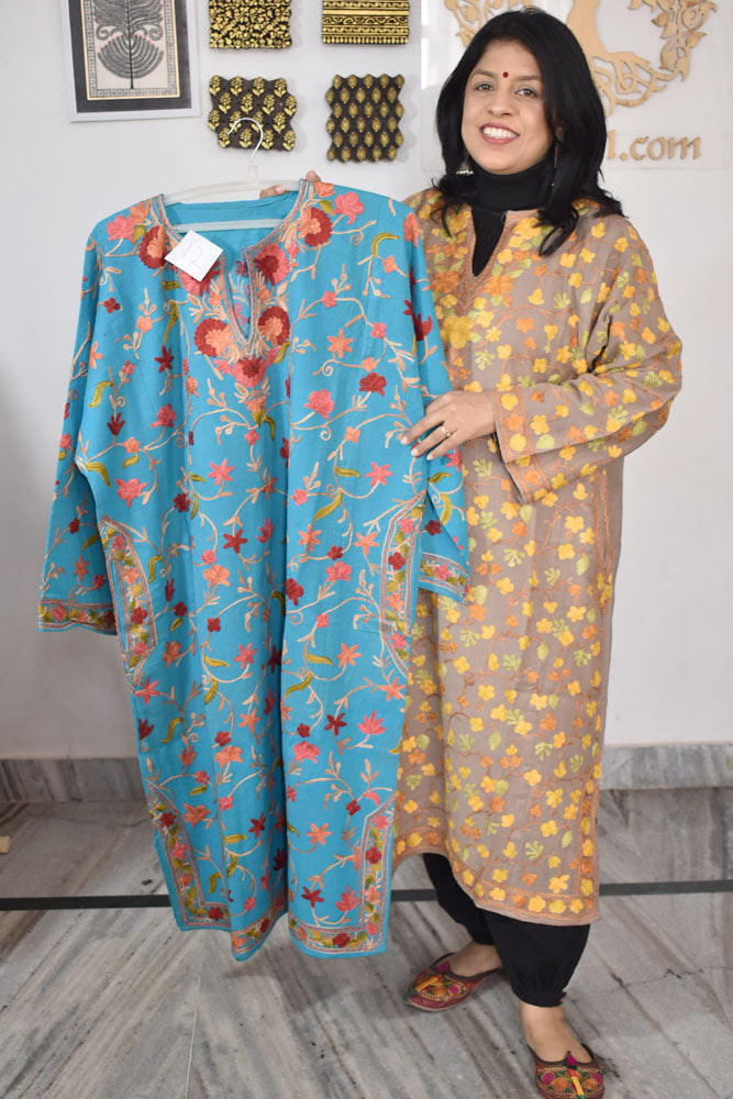 Kashmiri Wool Aari Embroidered Solid Women's Pheran Kurta - NO.12
