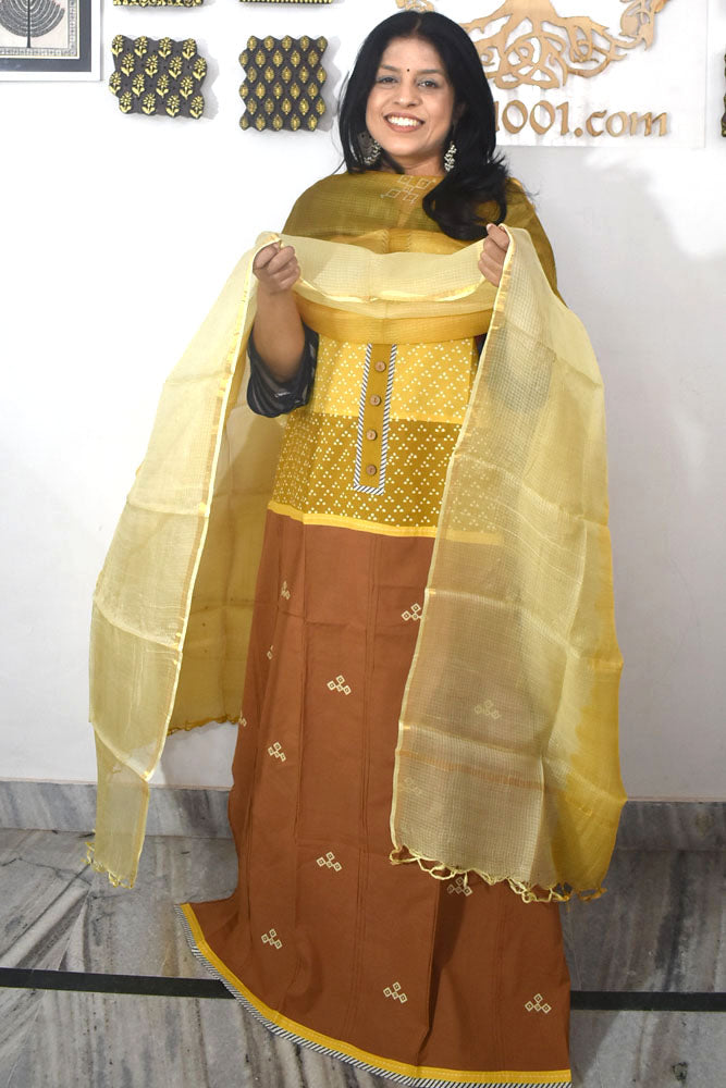 Beautiful Hand Block Printed Cotton Unstitched Suit Fabric & Kota Silk dupatta With Cotton bottom