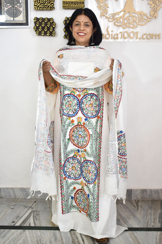 Slub Cotton suit with Hand Painted Madhubani Art patterns