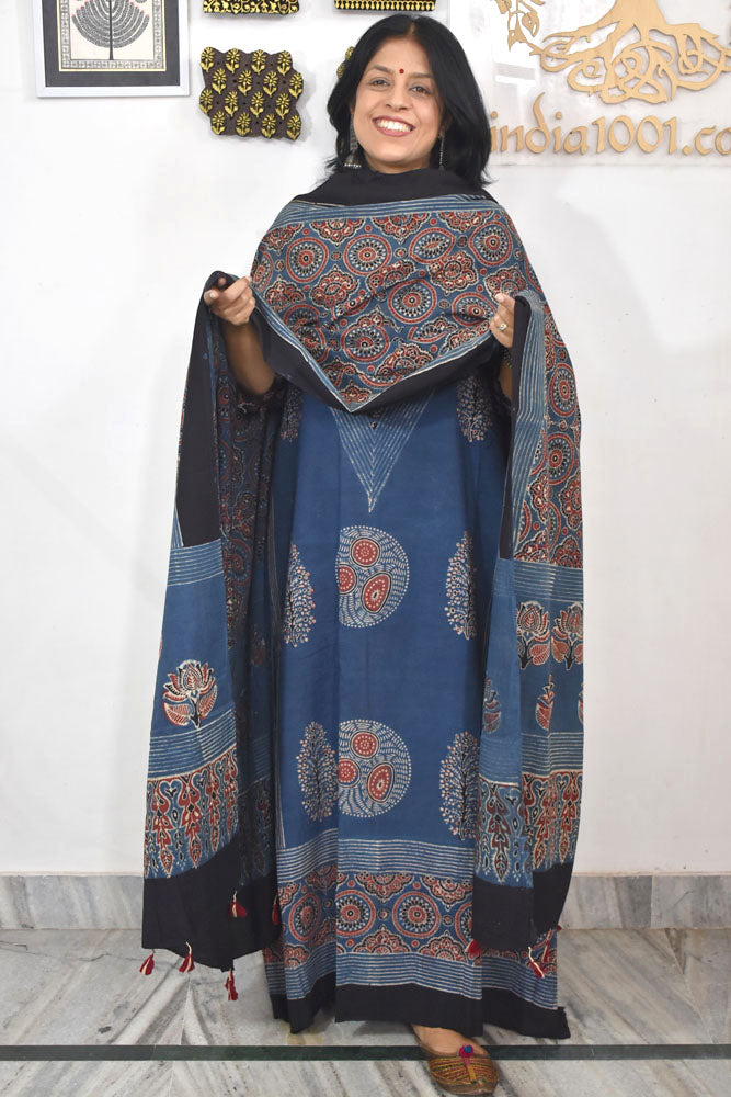 Block Print Ajrakh Cotton Suit with designer Ajrakh neck yoke /panel & Dupatta