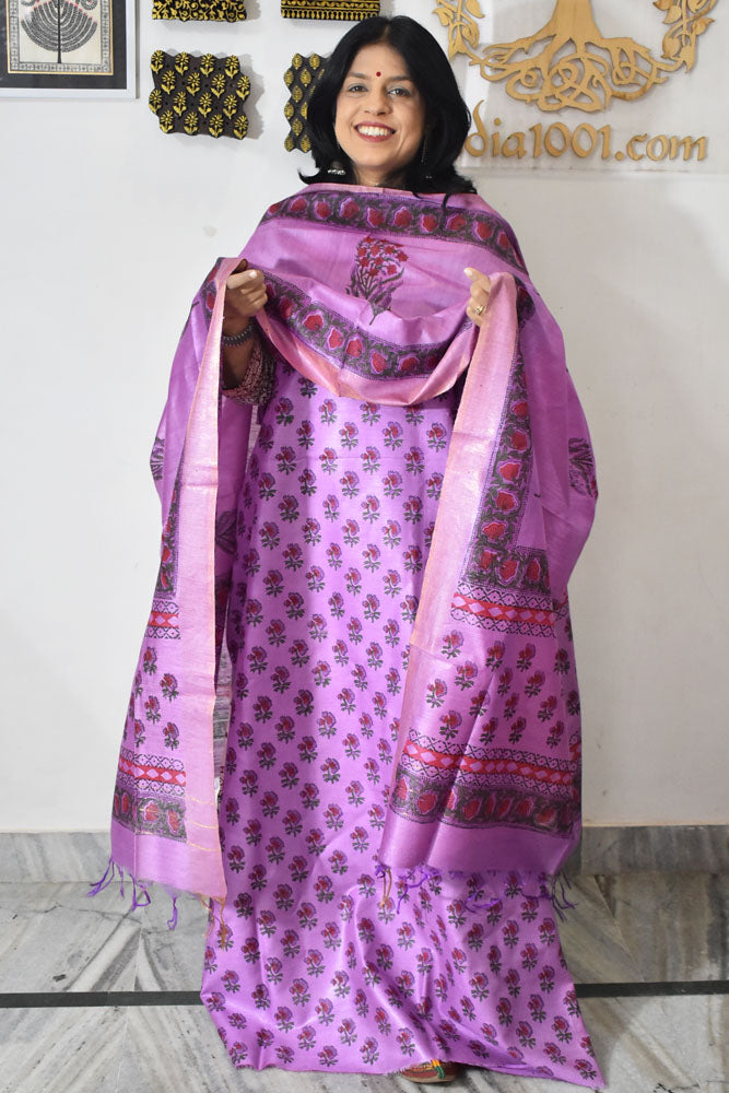 Elegant Hand Block printed Moonga Tussar Silk Kurta Dupatta Set