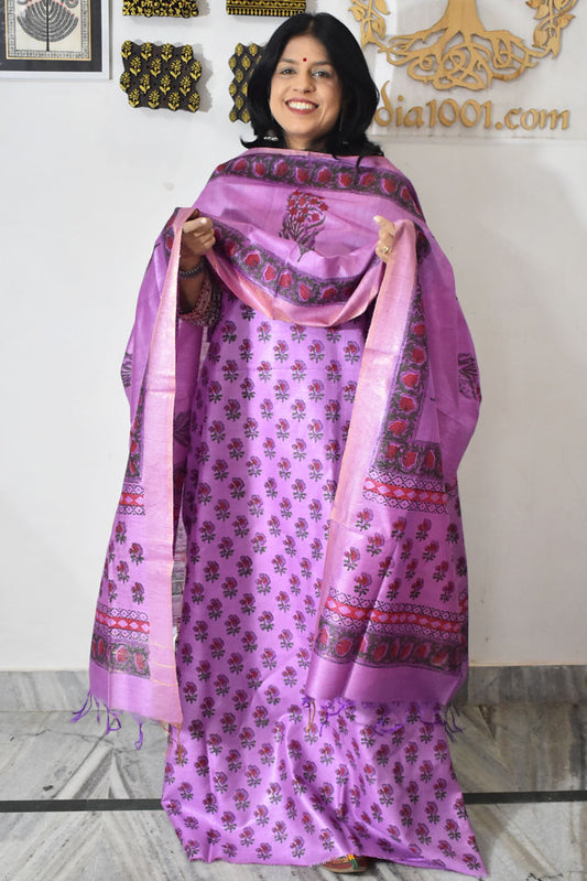 Elegant Hand Block printed Moonga Tussar Silk Kurta Dupatta Set