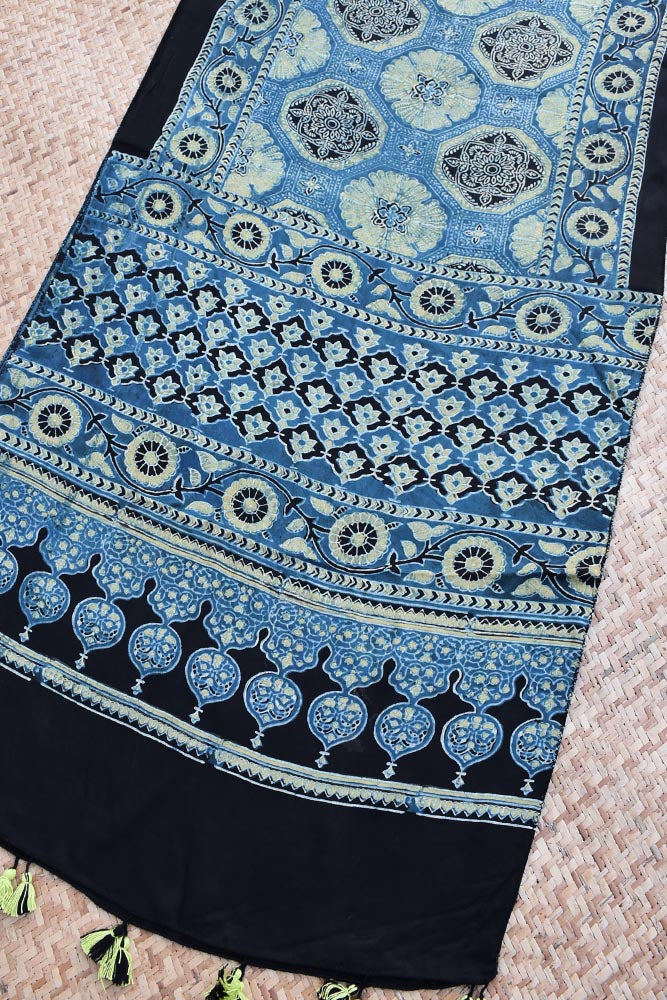 Beautiful Hand Block Printed Ajrakh Modal Silk stole with Tassels