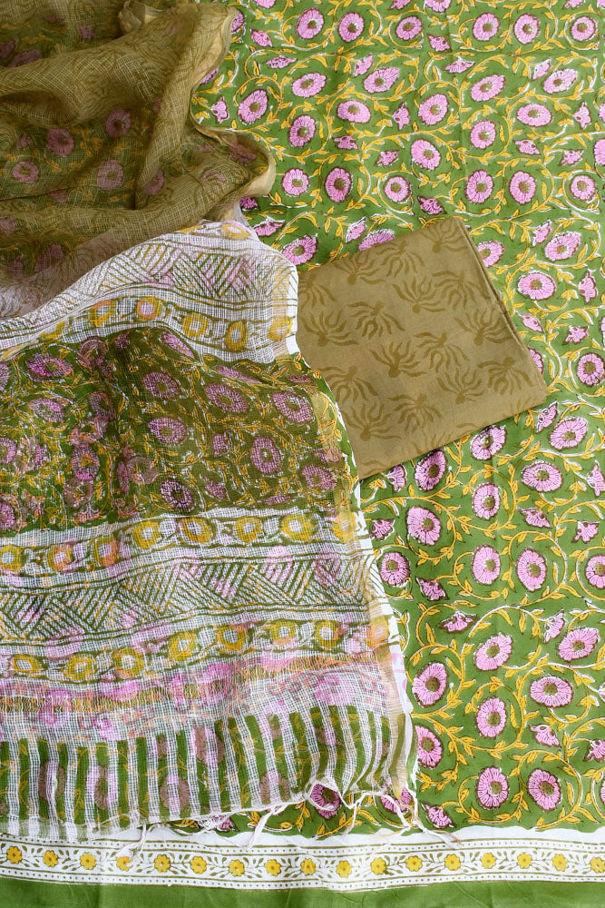 Beautiful Hand Block Printed Cotton unstitched suit fabric with Kota Doria Dupatta
