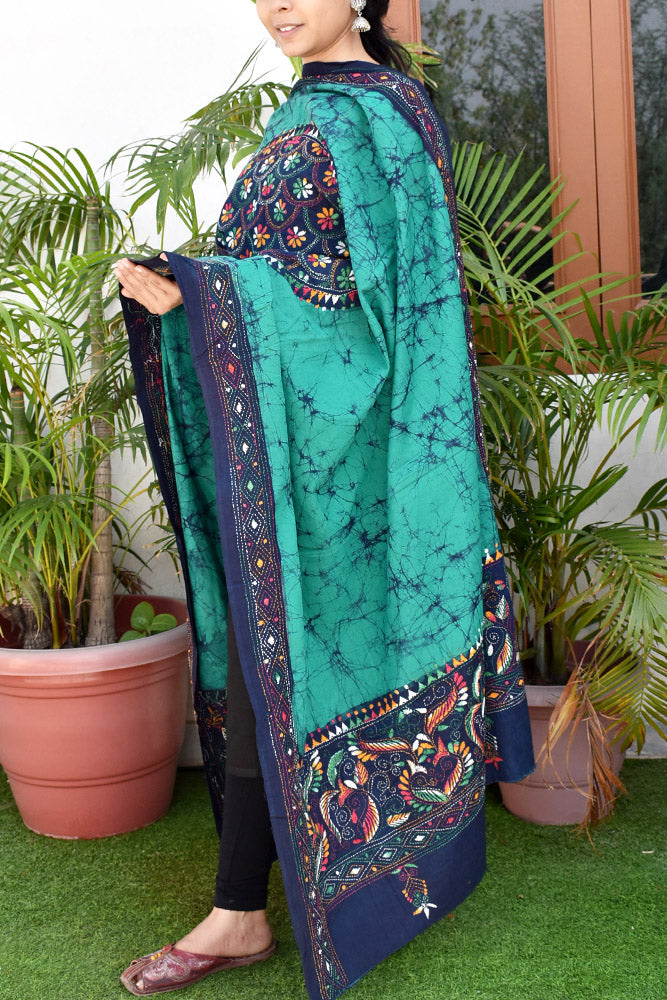 Handcrafted & Handembroidered Cotton Dupatta with Bengal Kantha & Batik work
