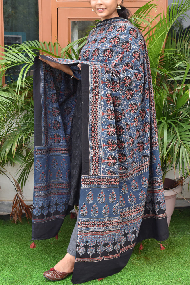 Ajrakh Hand Block Printed Cotton Dupatta with Tassels with natural dyes