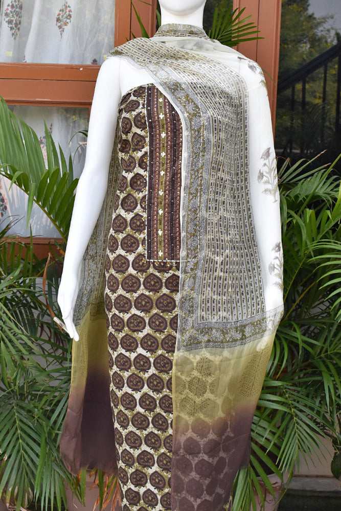 Premium Dabu Ajrakh Cotton Unstitched Suit with Intricate Hand Embroidery, mirror & sequin work & chiffon dupatta