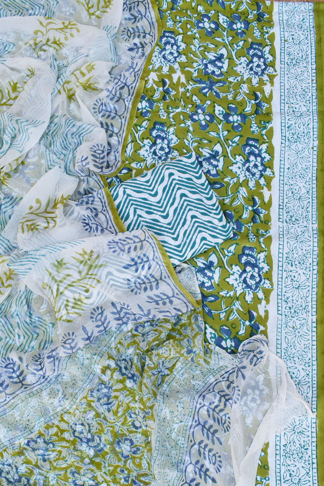 Hand Block Printed Cotton unstitched suit fabric with Chiffon dupatta