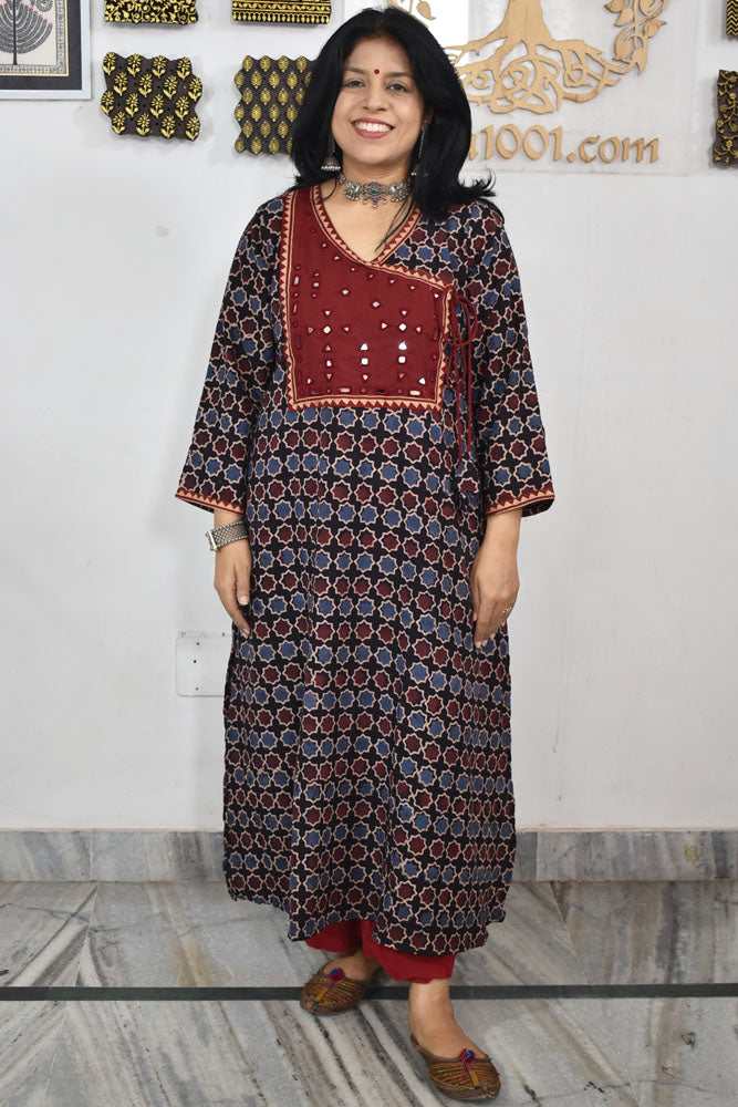 Designer Hand Block Printed Ajrakh cotton Kurta with Kutch Mirror work