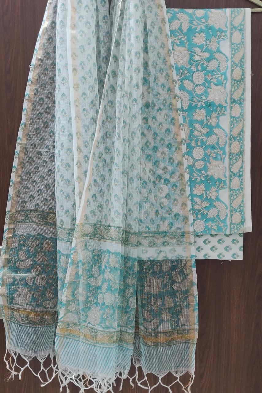 Beautiful Hand Block Printed Cotton unstitched suit fabric with Kota Doria Dupatta