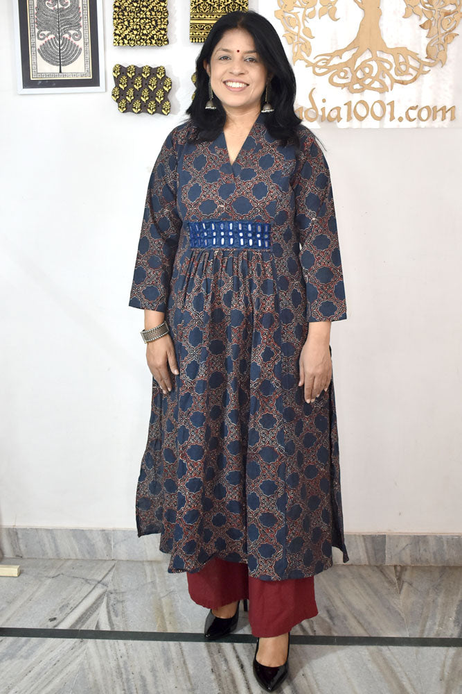 Designer Hand Block Printed Ajrakh cotton Kurta With Mirror Work - Size 38 to 48 ( all sizes)