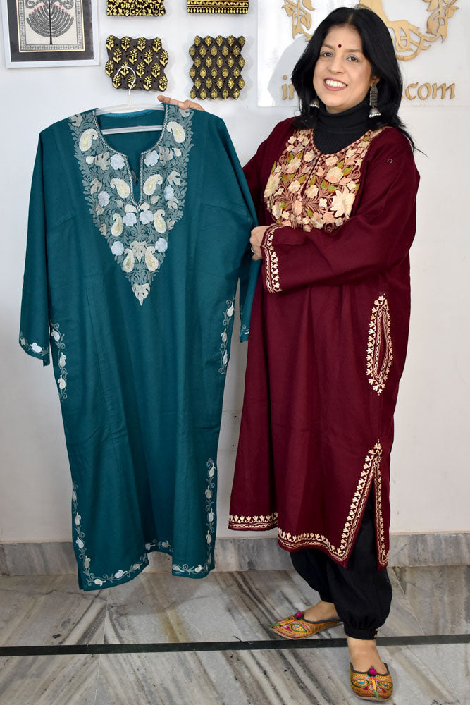 Kashmiri Wool Aari Embroidered Solid Women's Pheran Kurta