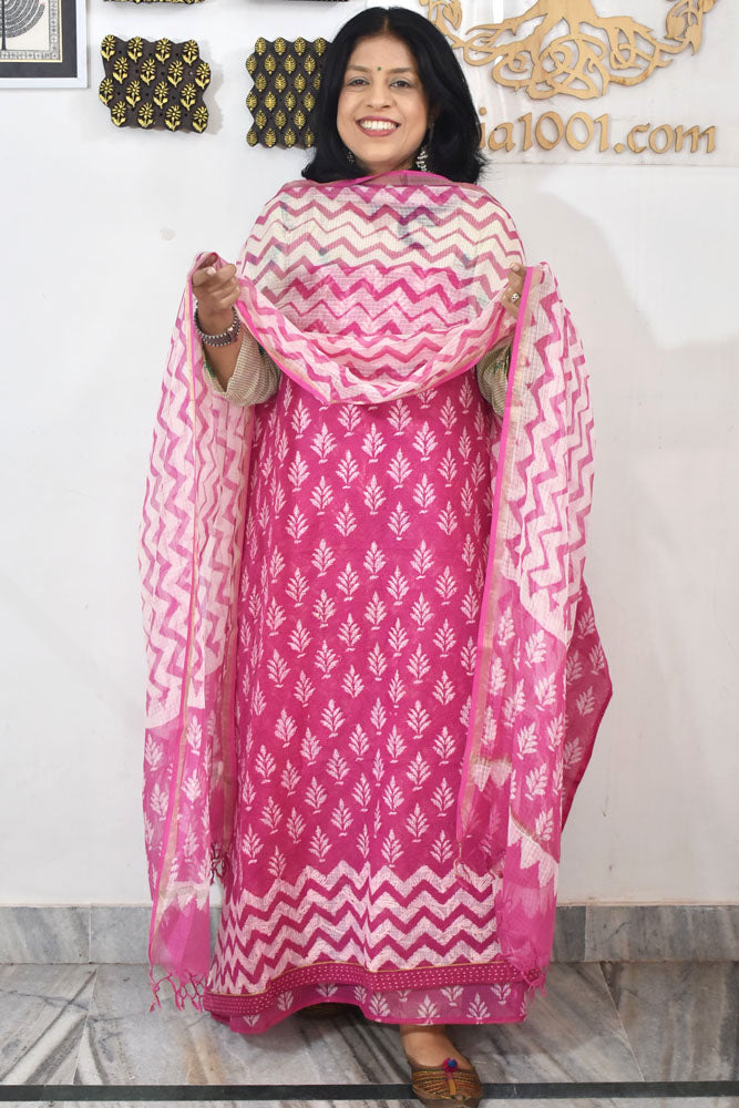 Elegant Kota cotton suit with tepchi work & Hand block printed dupatta