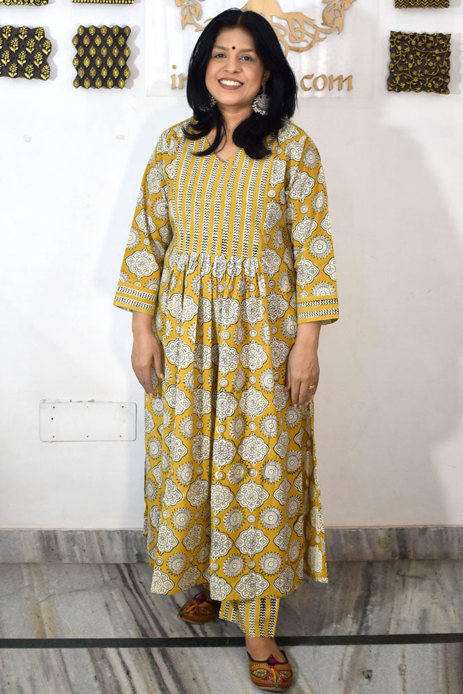 Elegant Hand Block Printed Cotton Kurta and pant set - Sizes 40 - 48