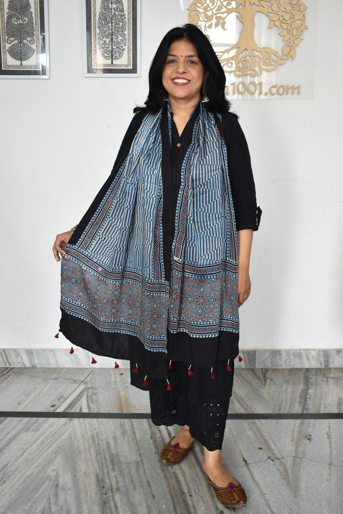 Beautiful Hand Block Printed Ajrakh Modal Silk stole with Tassels