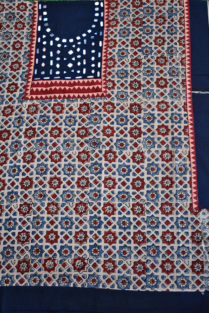 Designer Ajrakh Cotton Short Kurta Fabric with Kutch Mirror Work patch