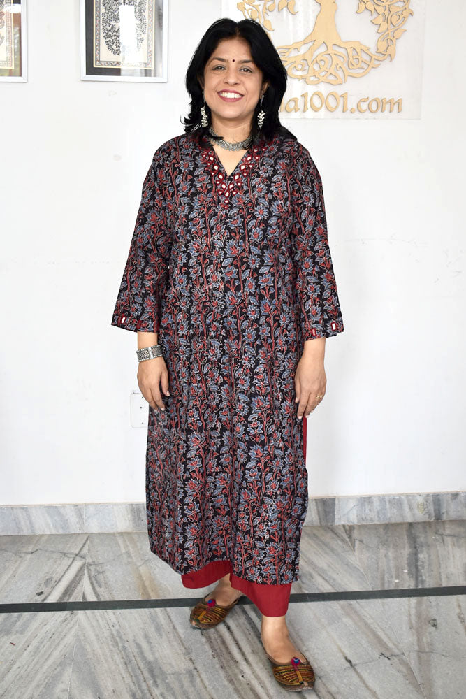 Beautiful Hand Block Printed Ajrakh Cotton kurta with Kutch Mirror work , Size 38 to 50 ( all sizes)