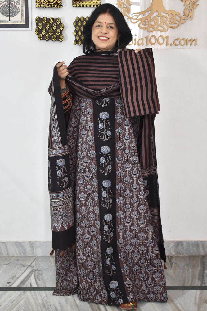 Block Print Ajrakh Cotton Suit with designer Ajrakh neck yoke /panel & Long Stole