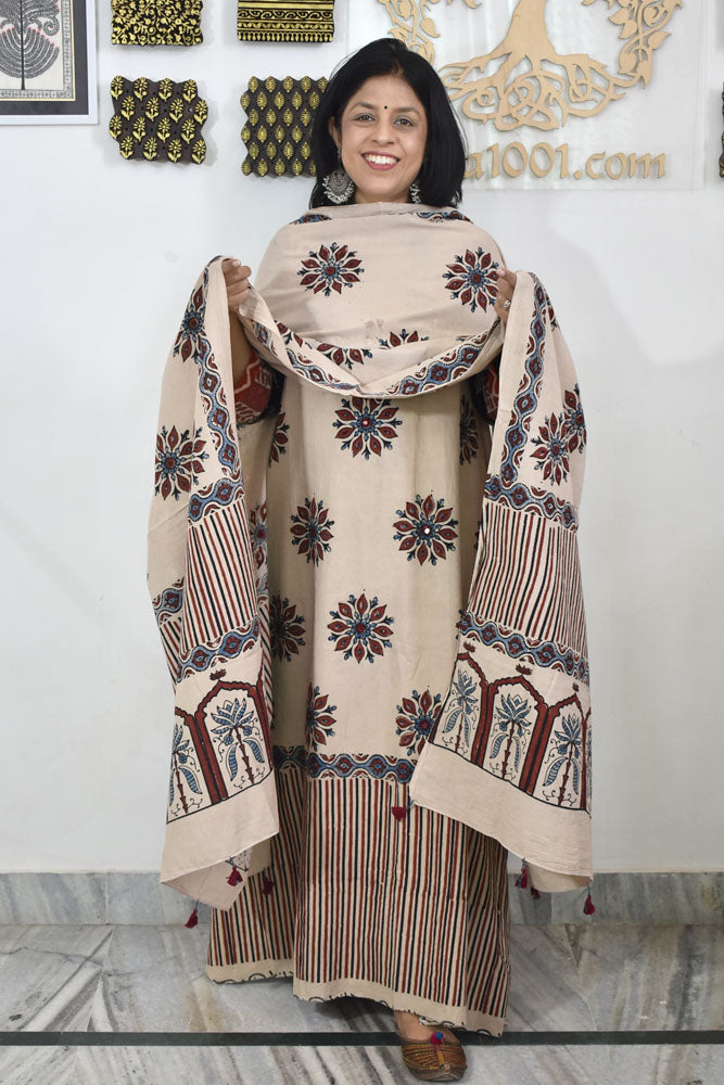 Designer Ajrakh Cotton kurta with  panel design & Mirror work & Cotton dupatta - 3 piece set