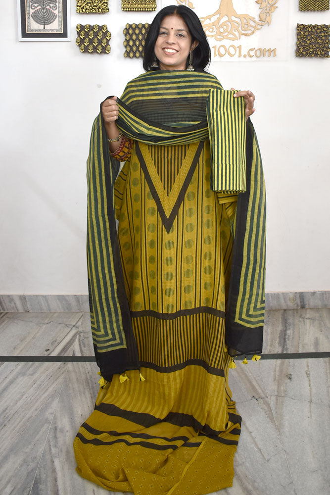 Designer Ajrakh Kota Unstitched suit with Kota Dupatta & Cotton Bottom - 3 piece set