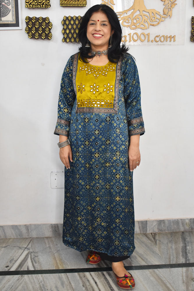 Beautiful Mashru Silk Kurta with Ajrakh block print & Kutch mirror work - Size 38 - 48