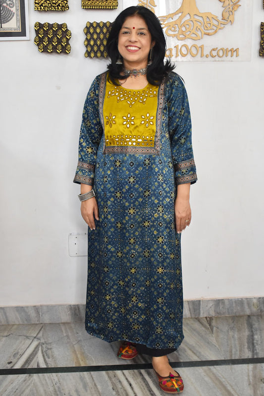 Beautiful Mashru Silk Kurta with Ajrakh block print & Kutch mirror work - Size 38 - 48