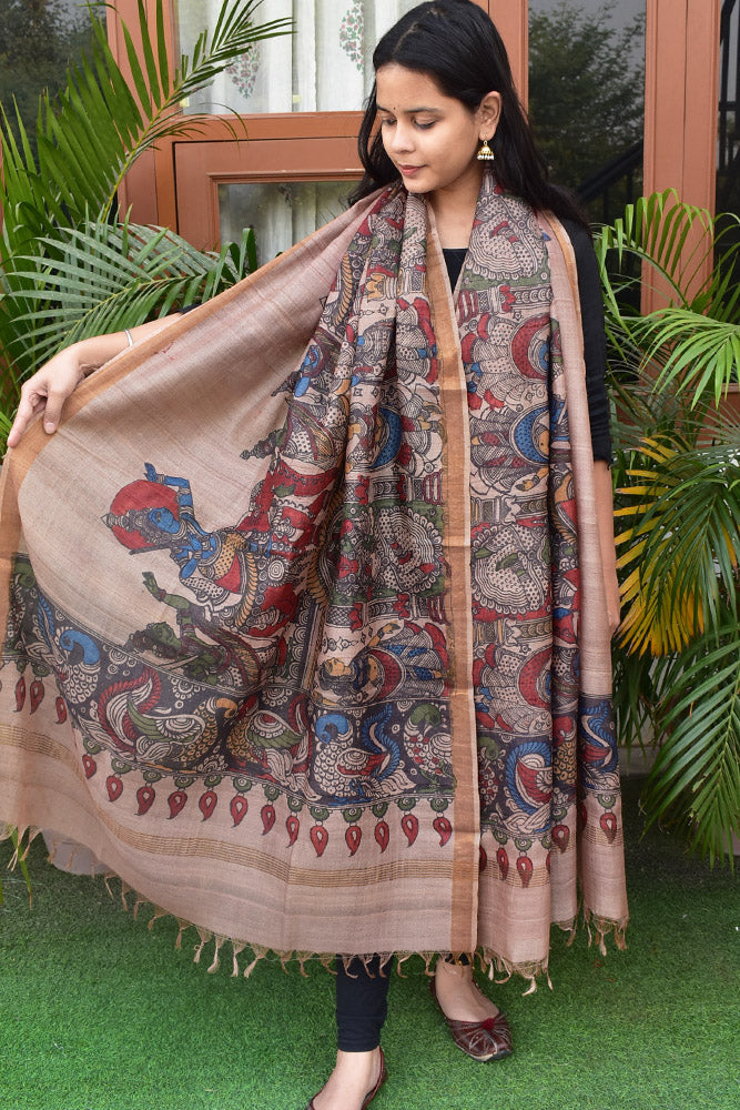 Earthy Hand Painted Kalamkari Desi Tussar Silk Dupatta