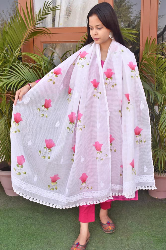 Kota Cotton Dupatta with Hand Paint, Hand Chikankari embroidery & crochet borders on all sides