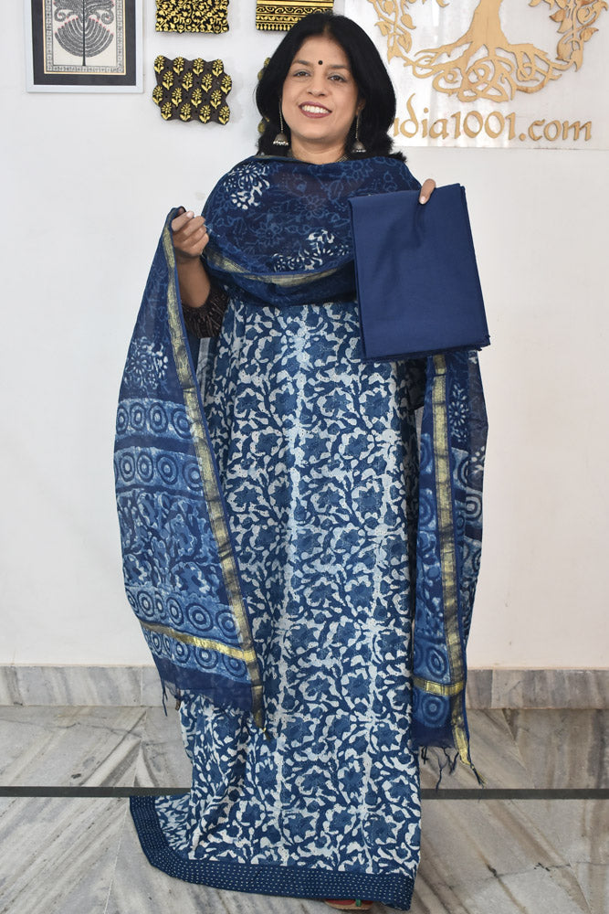 Elegant Hand Block print cotton suit with Schiffli work & Chanderi dupatta