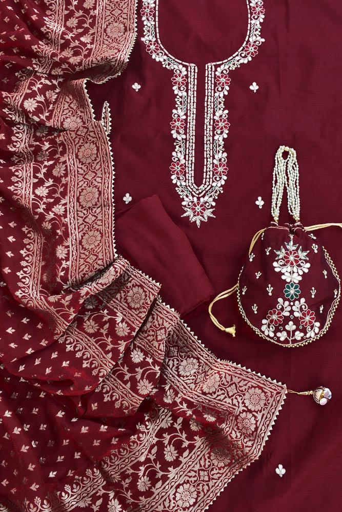 Beautiful Chanderi unstitched suit fabric with Banarasi Dupatta & Matching Potli bag
