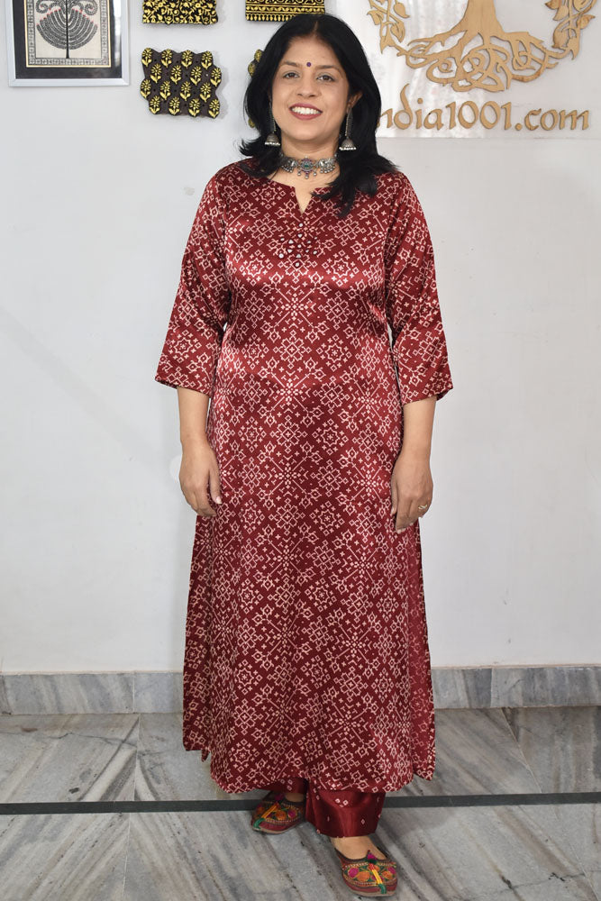 Beautiful Ajrakh Mashru Silk Kurta with Kutch Mirror work & Mashru pant size - 38 to 48