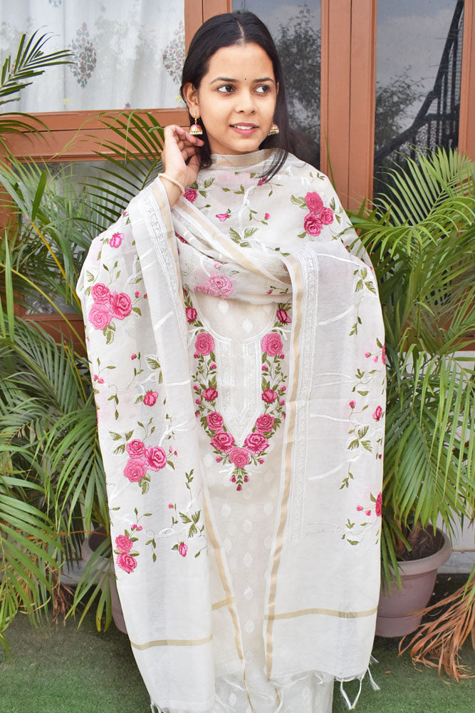 Beautiful embroidered Banarasi Slub Cotton Chanderi suit