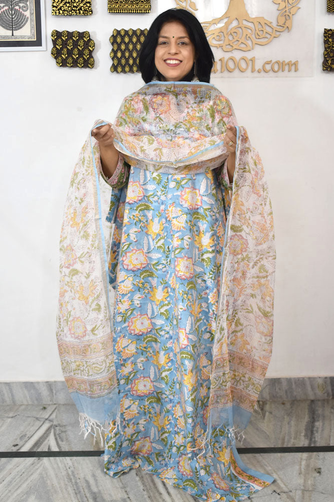 Beautiful Hand Block Printed Cotton unstitched suit fabric with Kota Doria Dupatta