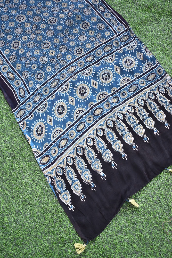 Beautiful Hand Block Printed Ajrakh Modal Silk stole with Tassels